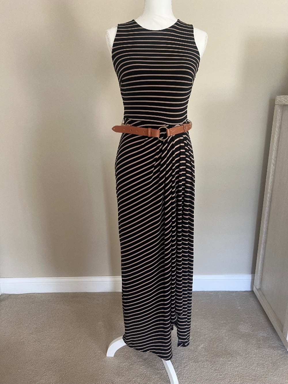 Ralph Lauren Women's Black Tan Striped Maxi Dress